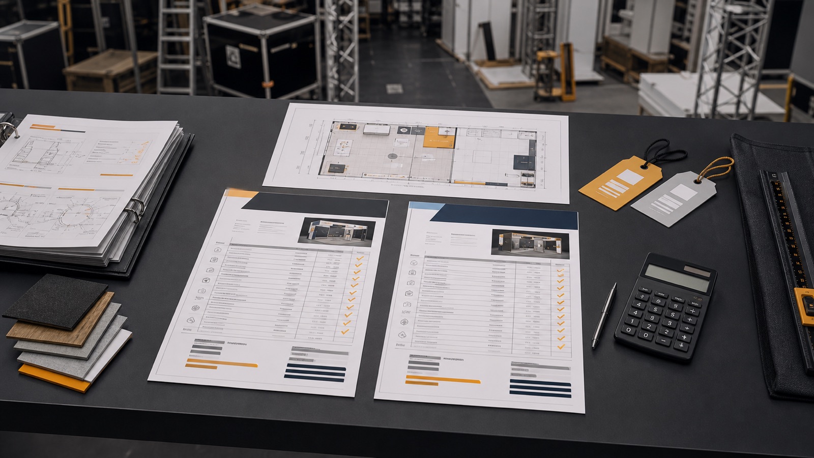 Two normalized European exhibition stand proposals compared beside a floor plan and material samples