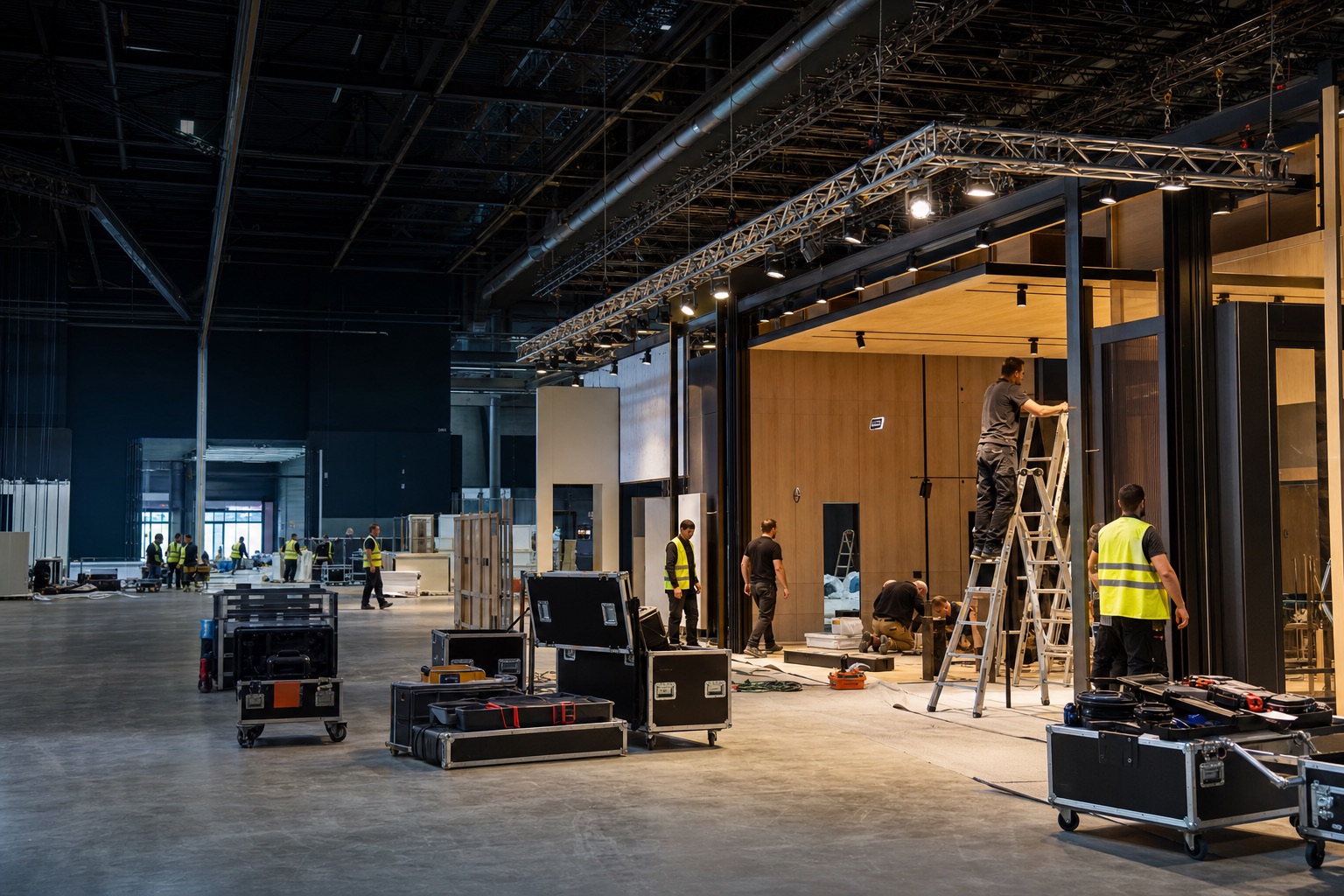 A local crew assembling a premium exhibition stand inside a European venue